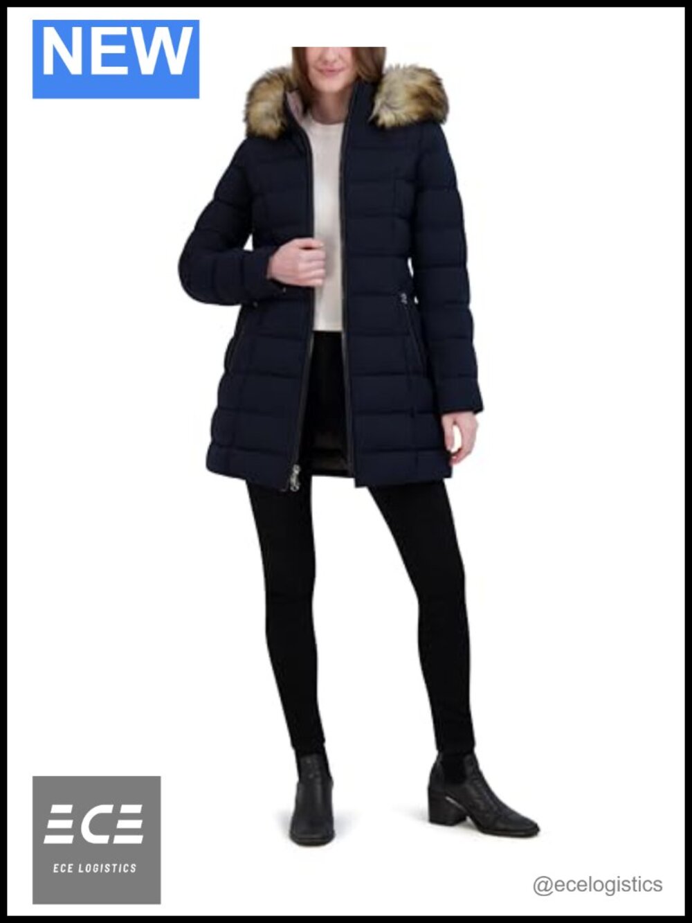Stretch Quilted Puffer Jacket with Faux Fur Hood Long Winter Coat
